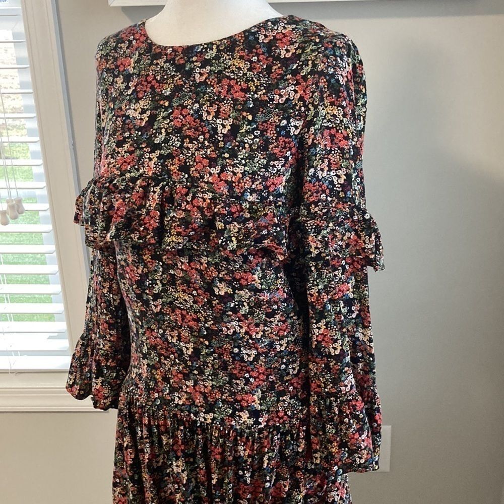 Zara Trafaluc Collection Black Floral Boho Tiered Ruffle Fall Tunic Mini Dress - Picture 6 of 16